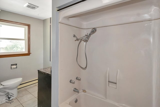 full bathroom with tile flooring, shower / bath combination, a baseboard radiator, toilet, and vanity