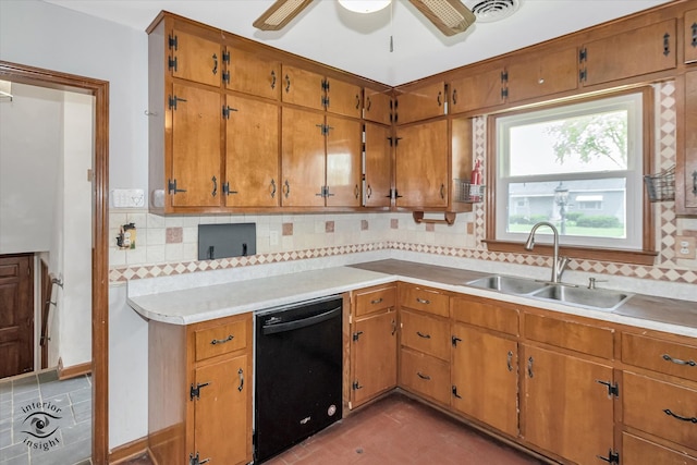 kitchen with dishwasher, backsplash, ceiling fan, tile floors, and sink