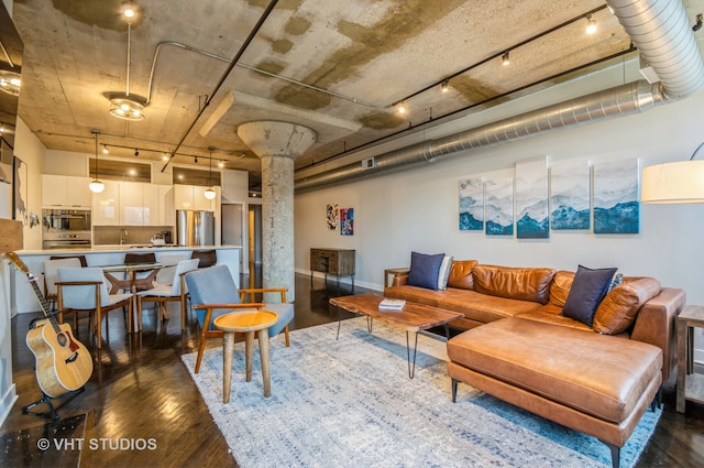 living room with sink, dark hardwood / wood-style floors, and rail lighting