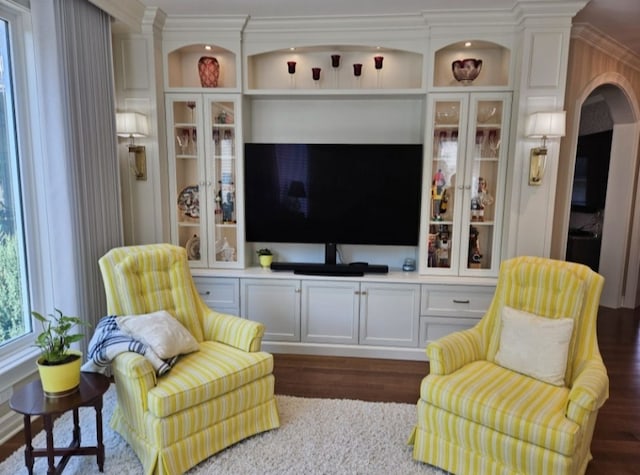 interior space with dark hardwood / wood-style floors and ornamental molding