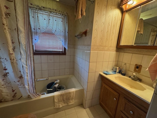 04N732 Old Lafox Rd, Saint Charles, IL 60175 - full bath with vanity, tile patterned floors, wallpapered walls, wainscoting, and tile walls