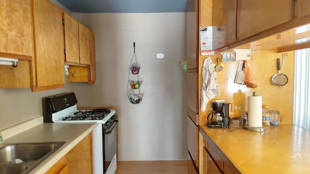 kitchen with white gas stove and sink