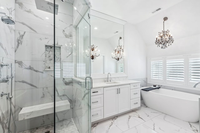 bathroom with vaulted ceiling, shower with separate bathtub, an inviting chandelier, tile floors, and vanity