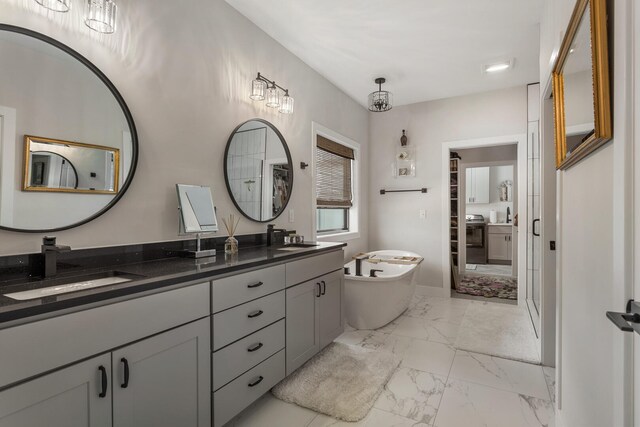 bathroom with dual bowl vanity and tile flooring