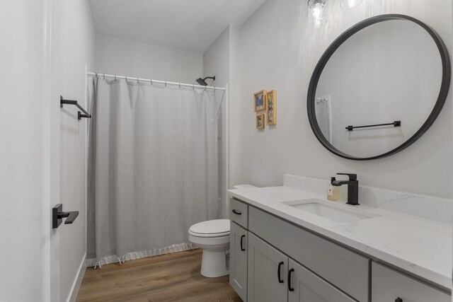 bathroom featuring hardwood / wood-style floors, toilet, and vanity with extensive cabinet space