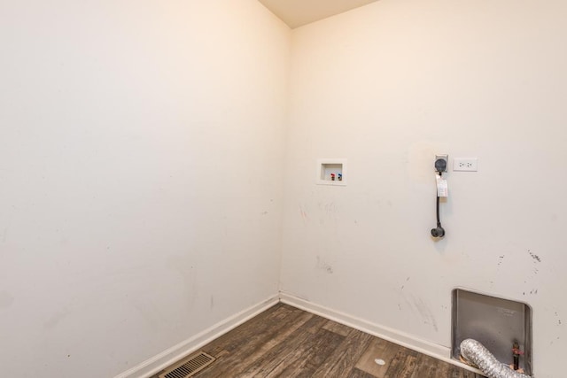 laundry room featuring laundry area, washer hookup, visible vents, dark wood finished floors, and electric dryer hookup