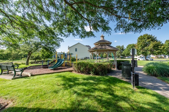 community playground with a gazebo and a lawn