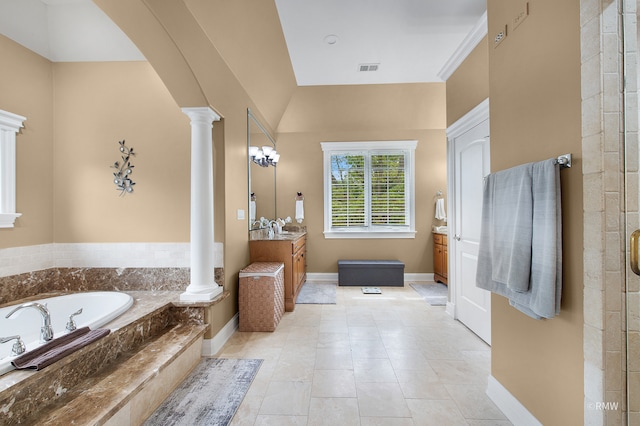 bathroom with separate shower and tub, vanity, decorative columns, and tile floors