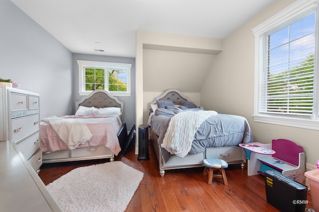 bedroom with dark hardwood / wood-style floors and lofted ceiling