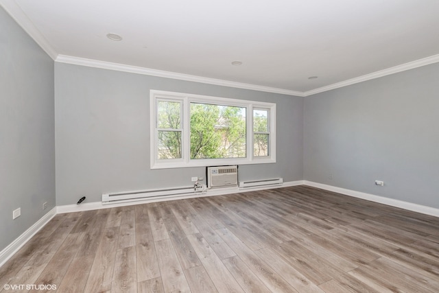 unfurnished room with baseboard heating, crown molding, and light wood-type flooring