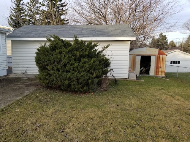 exterior space with a shed