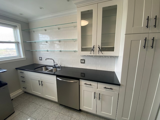 kitchen featuring crown molding, white cabinetry, stainless steel dishwasher, sink, and tasteful backsplash