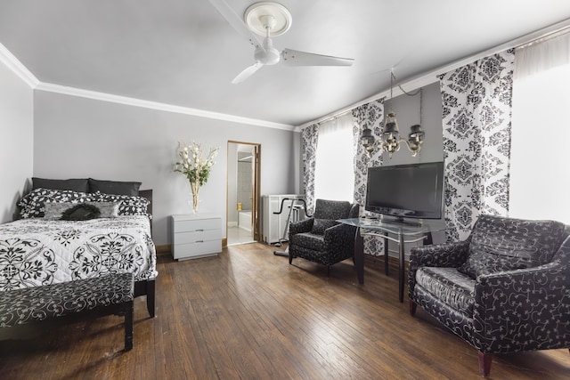 bedroom with connected bathroom, dark hardwood / wood-style flooring, ceiling fan, and crown molding