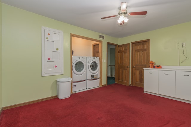 washroom with ceiling fan, washer and dryer, and carpet flooring