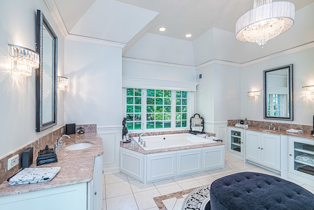 bathroom featuring a bath, tile flooring, ornamental molding, an inviting chandelier, and dual vanity