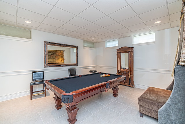 rec room with billiards, light tile floors, and a drop ceiling