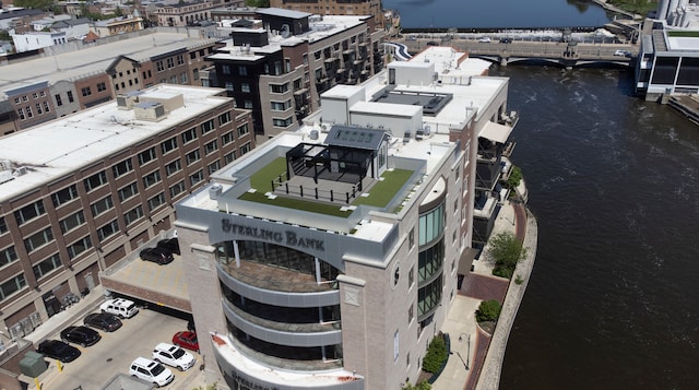 bird's eye view with a water view