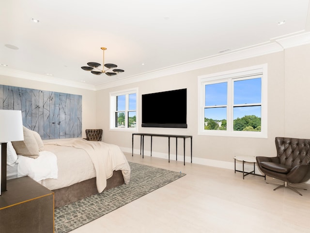 bedroom with ceiling fan, light hardwood / wood-style flooring, and ornamental molding