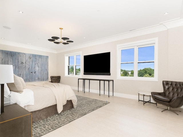 bedroom with crown molding, baseboards, ceiling fan with notable chandelier, and wood finished floors