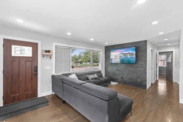 living room featuring dark hardwood / wood-style flooring