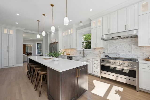 kitchen featuring pendant lighting, a center island, white cabinets, sink, and premium appliances