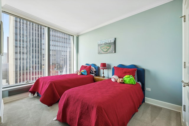 bedroom with carpet flooring and ornamental molding