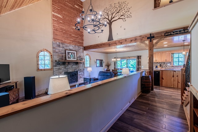 kitchen featuring a notable chandelier, plenty of natural light, and dark wood-type flooring