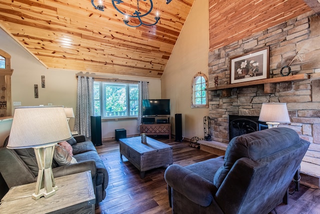 living room with a stone fireplace, high vaulted ceiling, hardwood / wood-style flooring, and wood ceiling