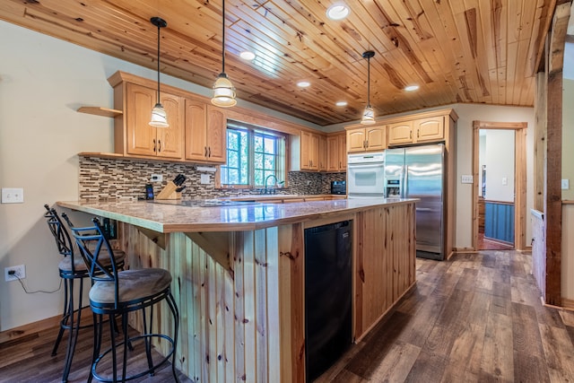 kitchen featuring dark wood-type flooring, white oven, wood ceiling, and pendant lighting