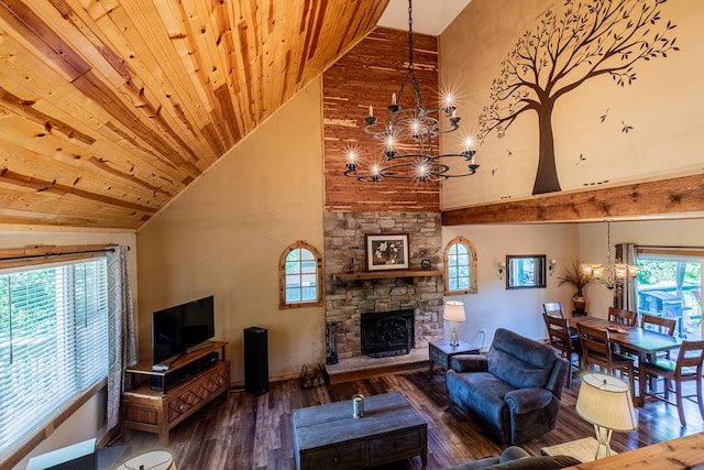 living room featuring an inviting chandelier, wooden ceiling, a stone fireplace, high vaulted ceiling, and wood-type flooring