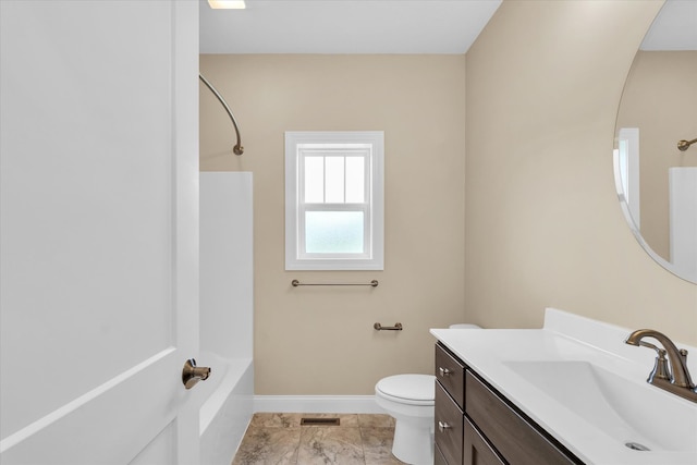 full bathroom with shower / bathtub combination, vanity, tile patterned floors, and toilet