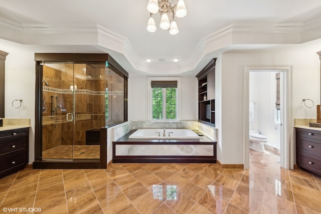 full bathroom with shower with separate bathtub, a notable chandelier, tile floors, and large vanity