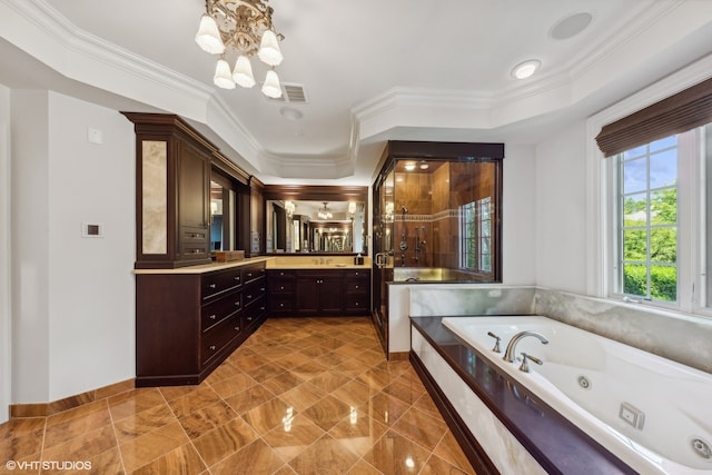 bathroom featuring tile flooring, ornamental molding, and vanity