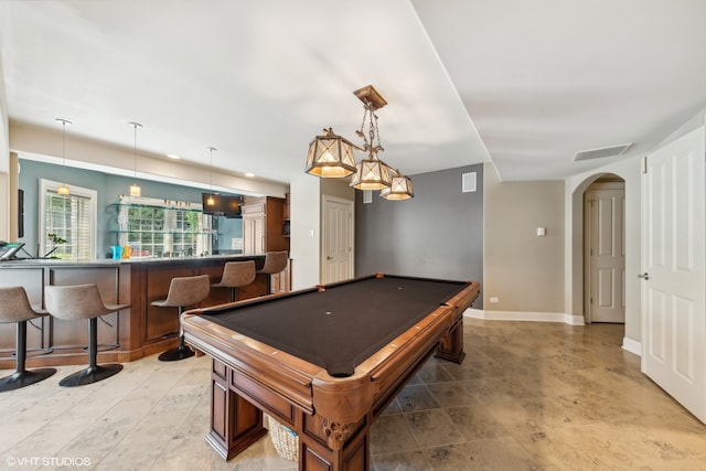 playroom with tile flooring, bar area, and billiards