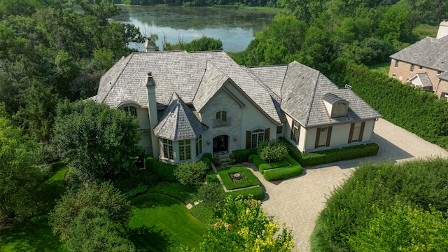 drone / aerial view featuring a water view