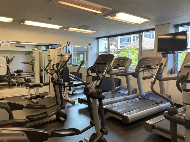 workout area with a healthy amount of sunlight and a drop ceiling