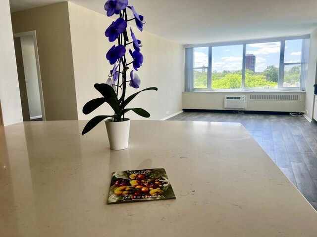 unfurnished dining area with hardwood / wood-style floors and a wall mounted air conditioner