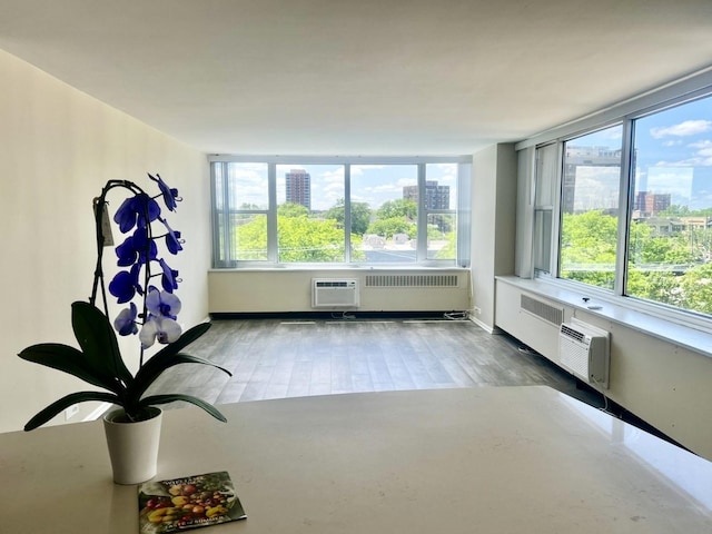 unfurnished room featuring a wealth of natural light, an AC wall unit, a city view, and wood finished floors