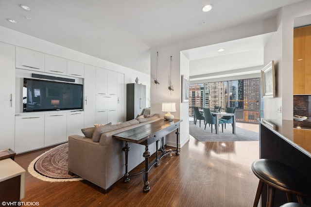 living area featuring wood finished floors and recessed lighting