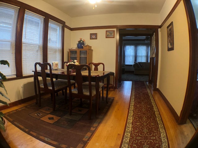 dining space with hardwood / wood-style floors