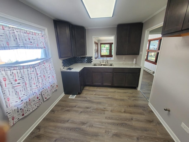 308 Minocqua St, Park Forest, IL 60466 - kitchen featuring a sink, light countertops, crown molding, wood finished floors, and tasteful backsplash