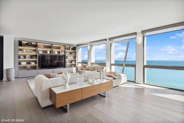 living room featuring floor to ceiling windows and light hardwood / wood-style floors