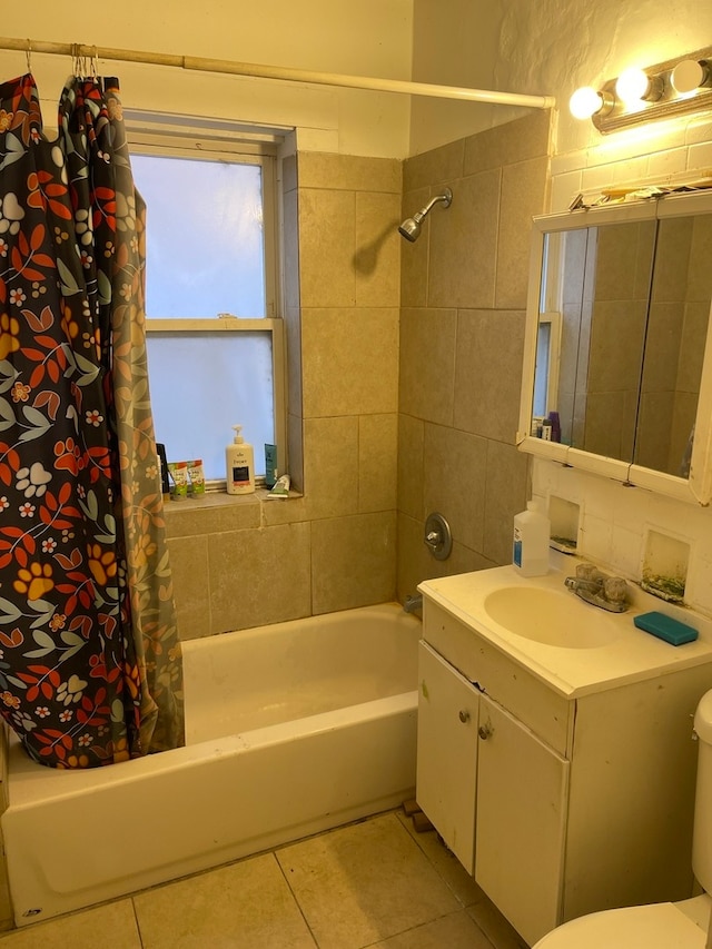 full bathroom with tasteful backsplash, toilet, tile flooring, vanity, and shower / tub combo with curtain