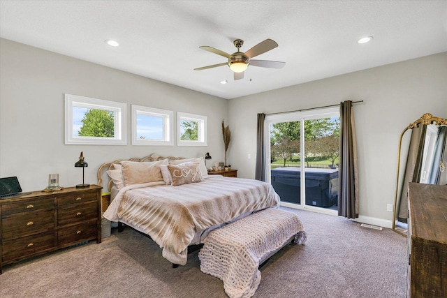 carpeted bedroom with access to exterior and ceiling fan