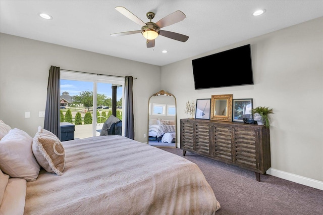 bedroom with ceiling fan, carpet flooring, and access to outside