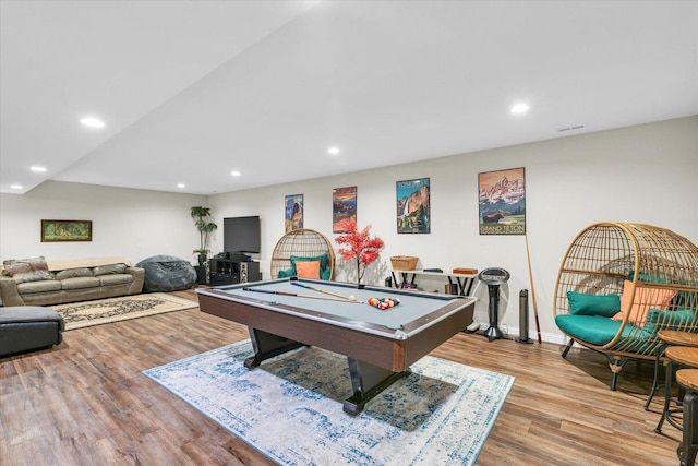 recreation room featuring light wood-type flooring and billiards