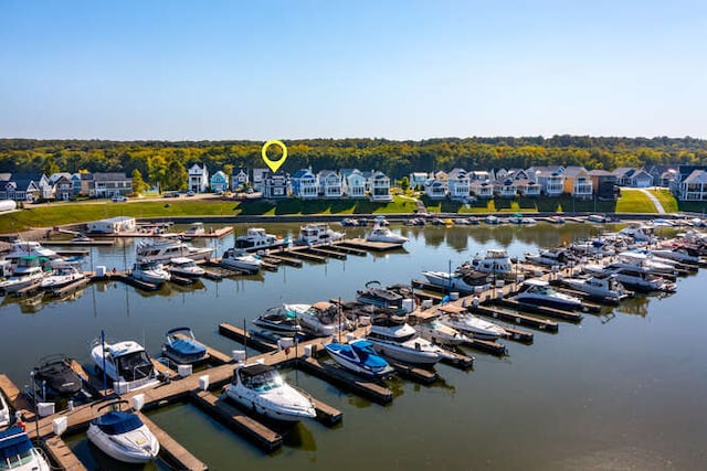 bird's eye view with a water view