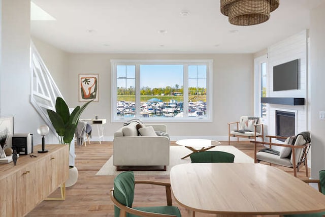 living room with a large fireplace and light hardwood / wood-style flooring