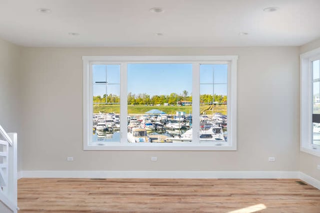 empty room with light hardwood / wood-style floors and plenty of natural light