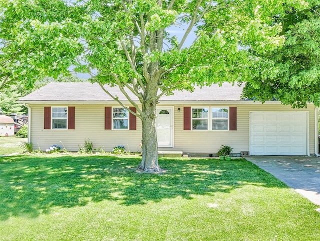 ranch-style house with a front yard and a garage